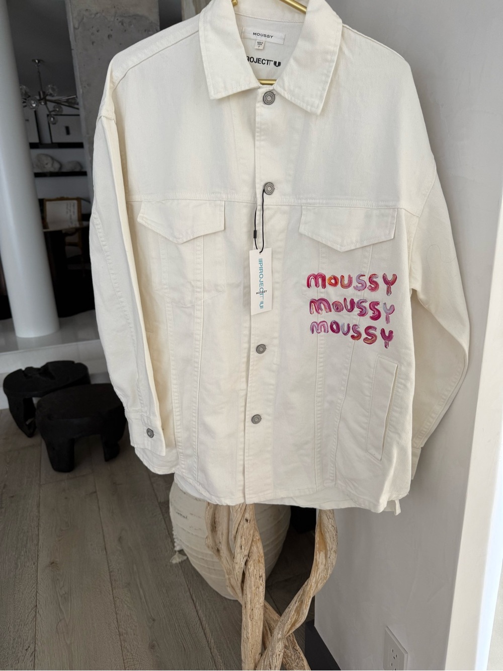 Moussy Cream Logo collaboration PROJECT U Denim Jacket collection